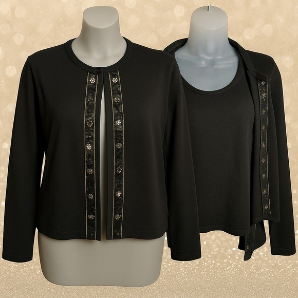 Sag Harbor Sweaters - Sag Harbor Black Knit Twinset 2-Piece Cardigan & Shell - Small Embellished Trim
